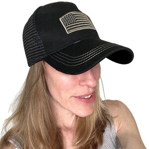 American Flag USA Hat Black Gold Mesh Back Snap Mens Gift Womens Glitter OS NEW